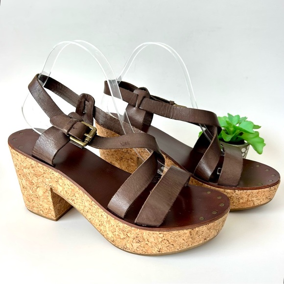 ASH Brown Leather Cork Block Heel Platform Sandals Strappy Open Toe 41 10.5-11 - Picture 5 of 11